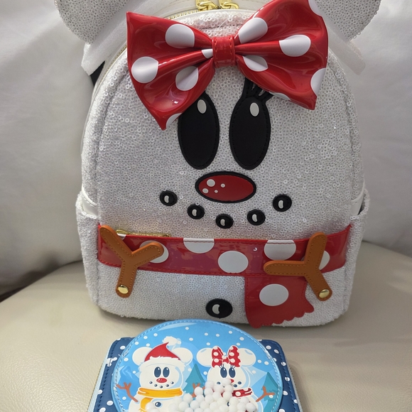 Loungefly Handbags - NWT Minne Snowman Christmas Loungefly w Snowglobe Wallet Backpack for Disney